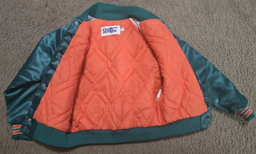 VTG 90s NFL MIAMI DOLPHINS CHALK LINE SATIN JACKET BOMBER SPELLOUT KIDS SZ 6/7